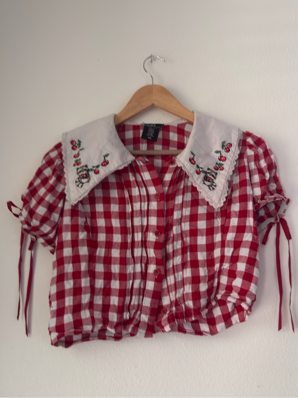 Thorn & Fable Raccoon & Cherries Red Gingham Woven Top Hot‎ Topic S